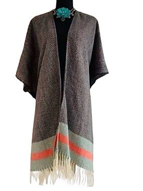 PONCHO ~ Chevron Patterned Shawl/Poncho with Fringe and Bright Wide Color Trim